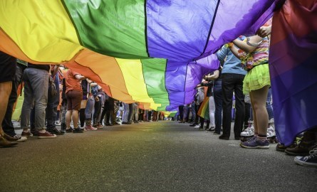 A picture of a large group of people holding a pride flag